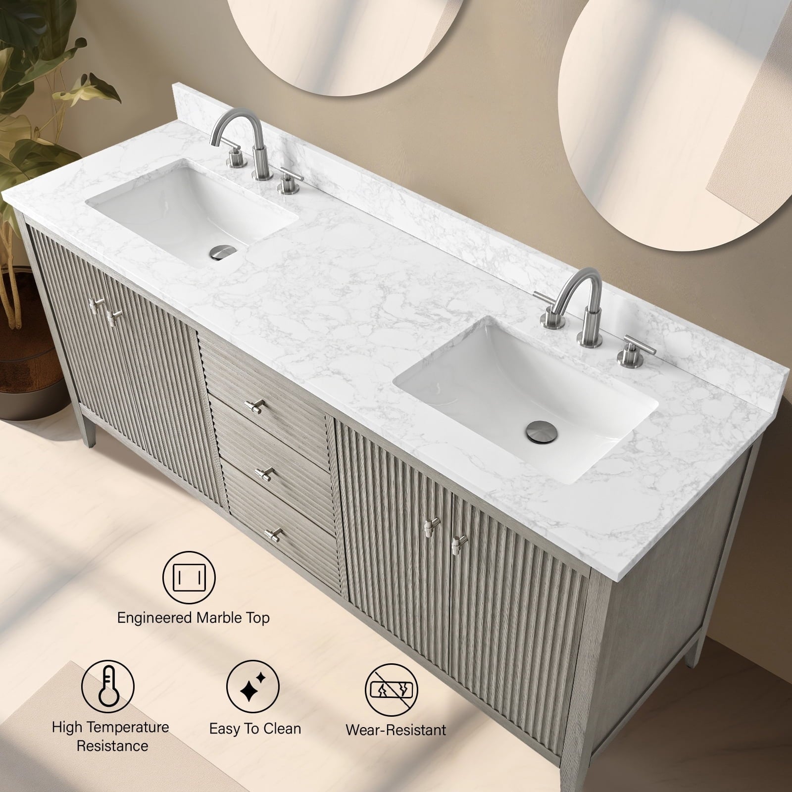 Meuble-lavabo de salle de bain Vanity Art 72 po à double vasque avec dessus en marbre reconstitué