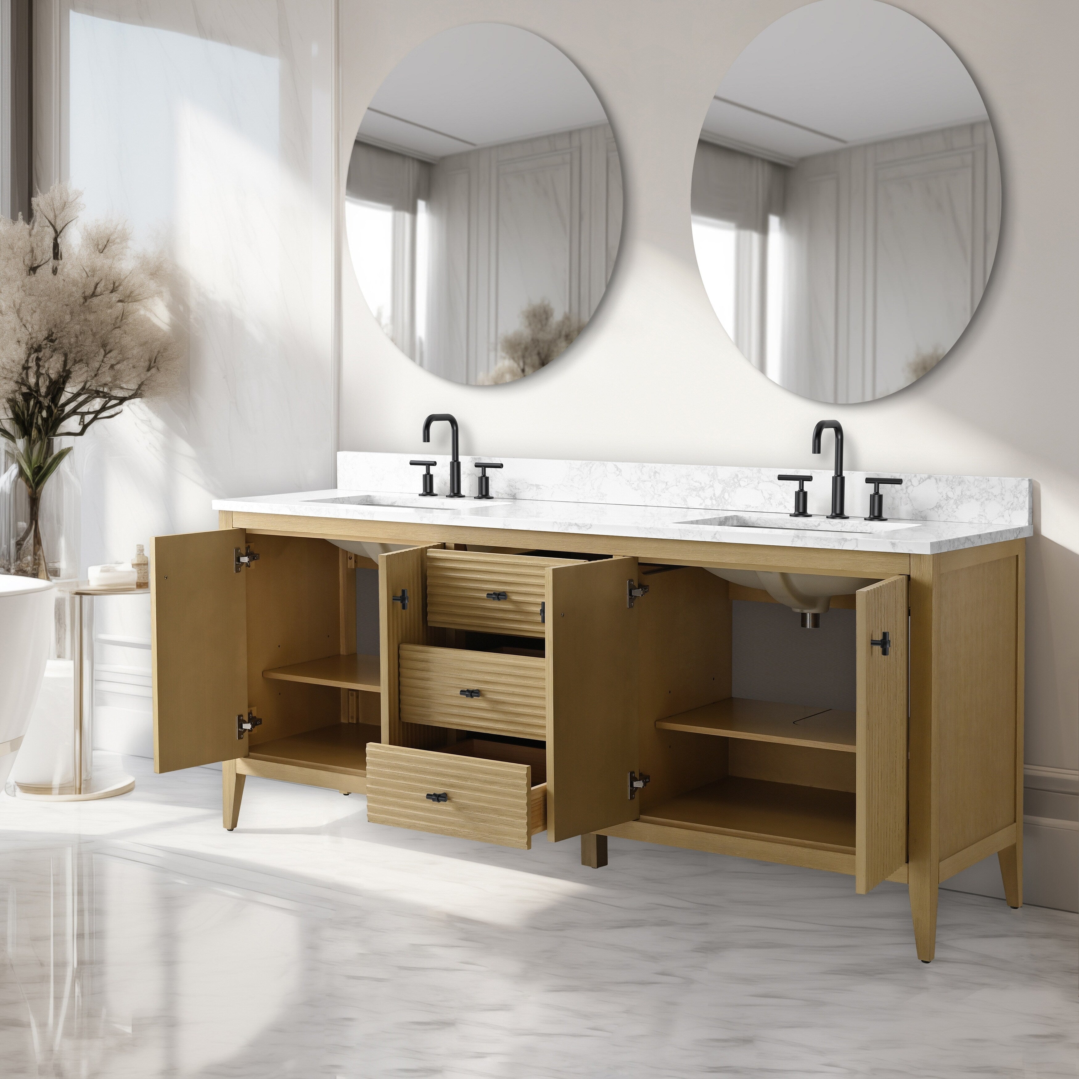 Meuble-lavabo de salle de bain Vanity Art 72 po à double vasque avec dessus en marbre reconstitué