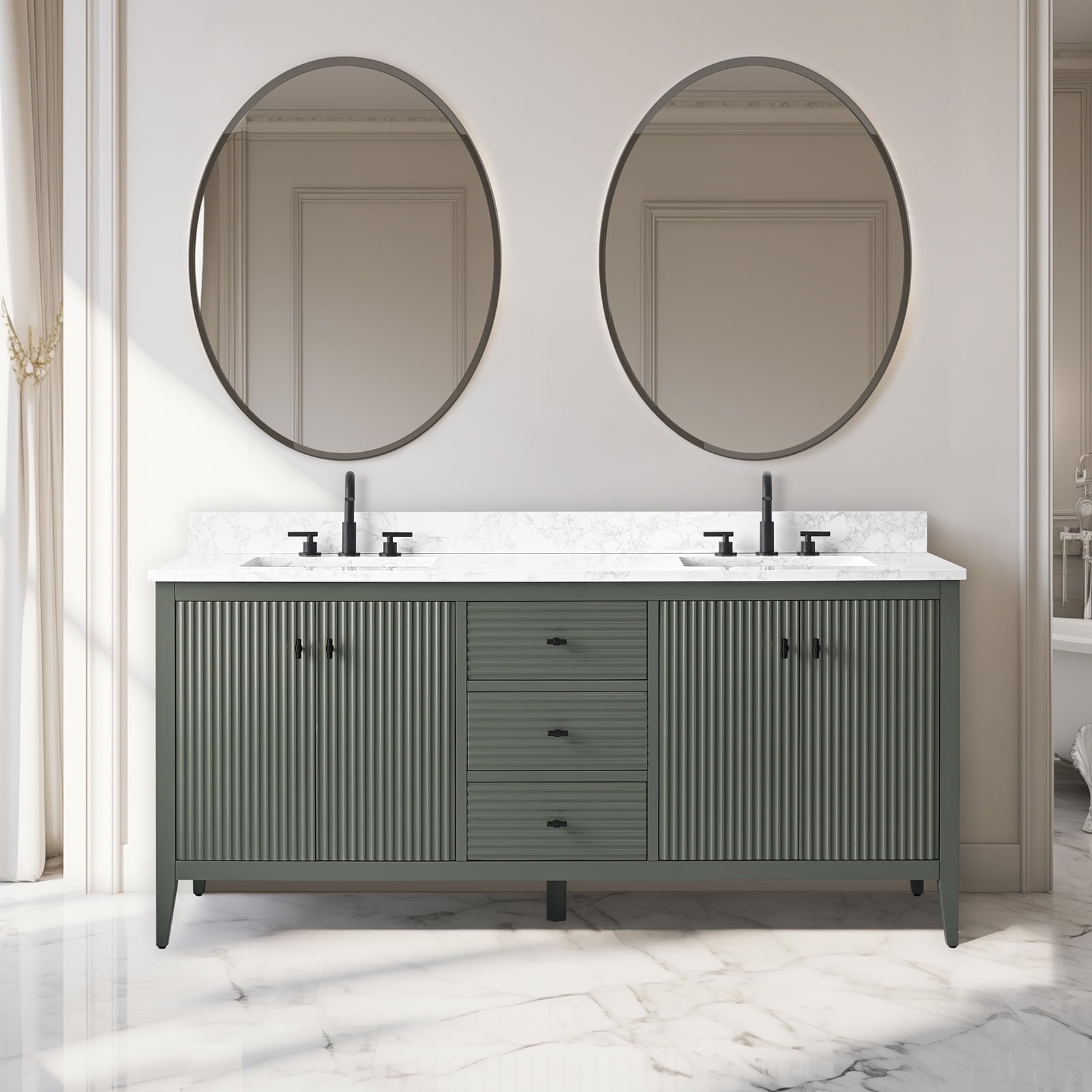 Meuble-lavabo de salle de bain Vanity Art 72 po à double vasque avec dessus en marbre reconstitué