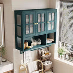 Meuble mural de salle de bain, armoire murale en bois à 3 portes avec espace de rangement ouvert et caché, armoire à pharmacie avec porte vitrée et porte-serviettes