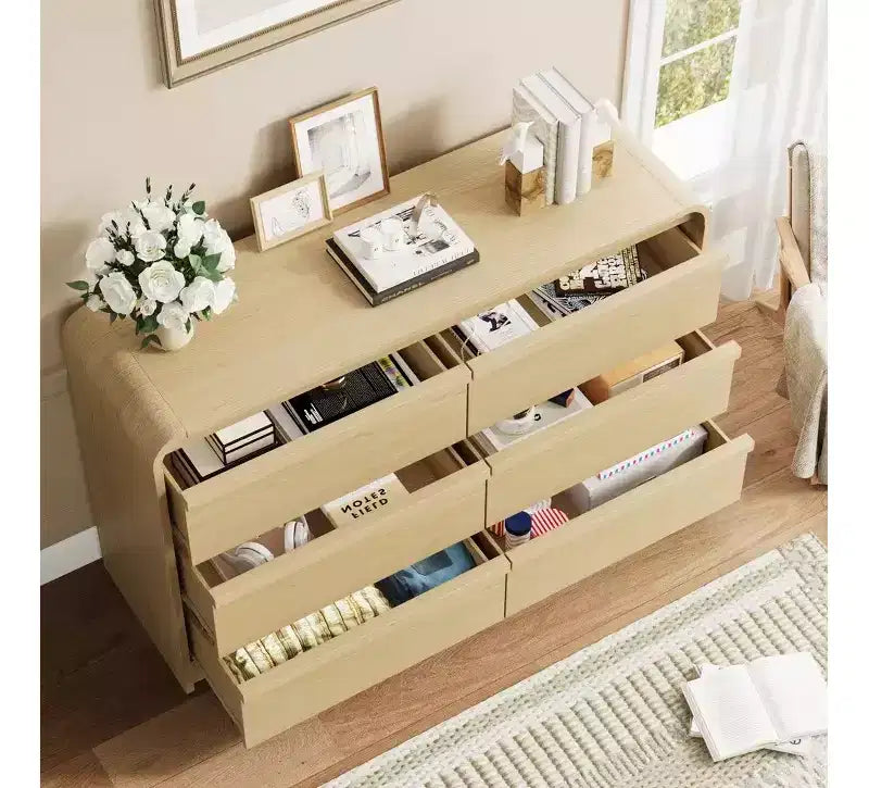 Commode de table à manger moderne à 6 tiroirs en arche - Commode en bois noir de 120 cm de large - Design à bords incurvés - Grand espace de rangement pour salle à manger, chambre, salon