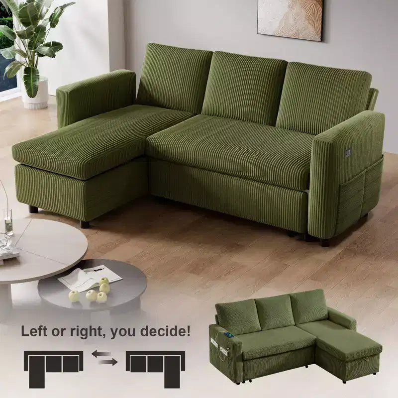 Canapé convertible Dyonery - Canapé-lit gigogne 2 en 1 avec chaise de rangement pour salon, canapé sectionnel en velours côtelé avec ports USB, assemblage sans outils