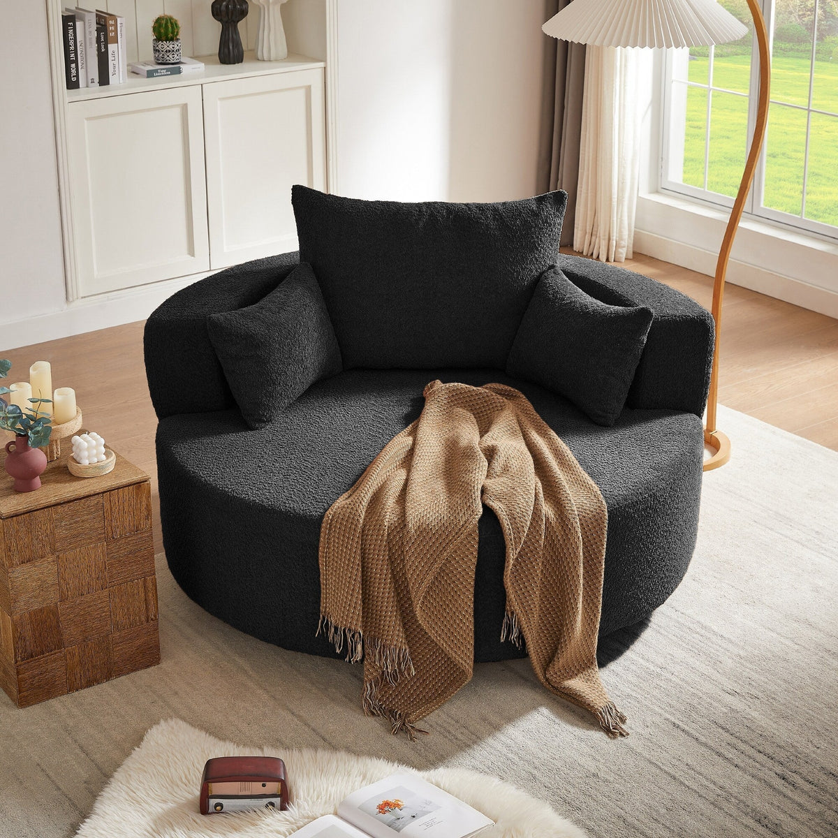 Fauteuil baril accent en chenille, Fauteuil de salon, Fauteuil rond avec base pivotante à 360 degrés et 3 coussins amovibles