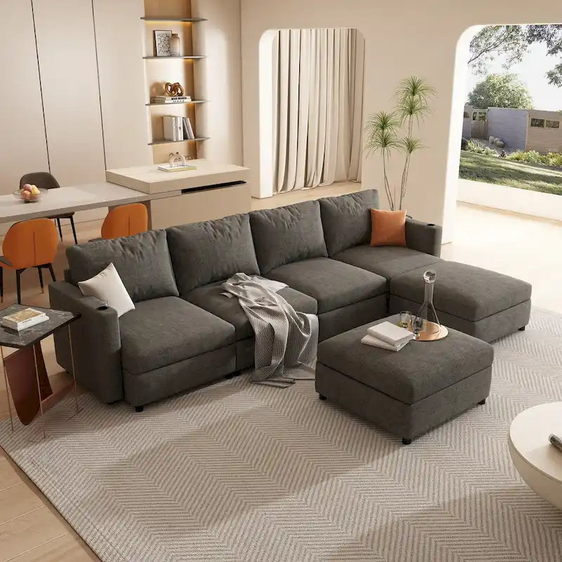 Canapé d'angle modulable 4 places en U gris 123 avec poufs de rangement