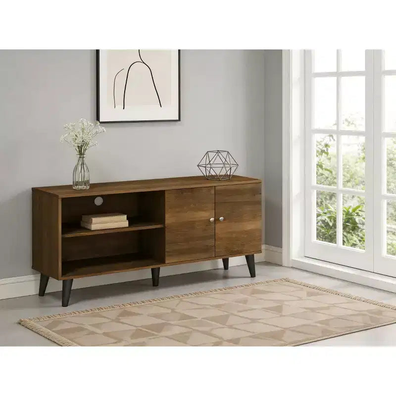 JVNOXK Meuble TV moderne de 120 cm pour salon, convient aux téléviseurs de moins de 50 pouces, avec 2 étagères de rangement et 1 placard, marron
