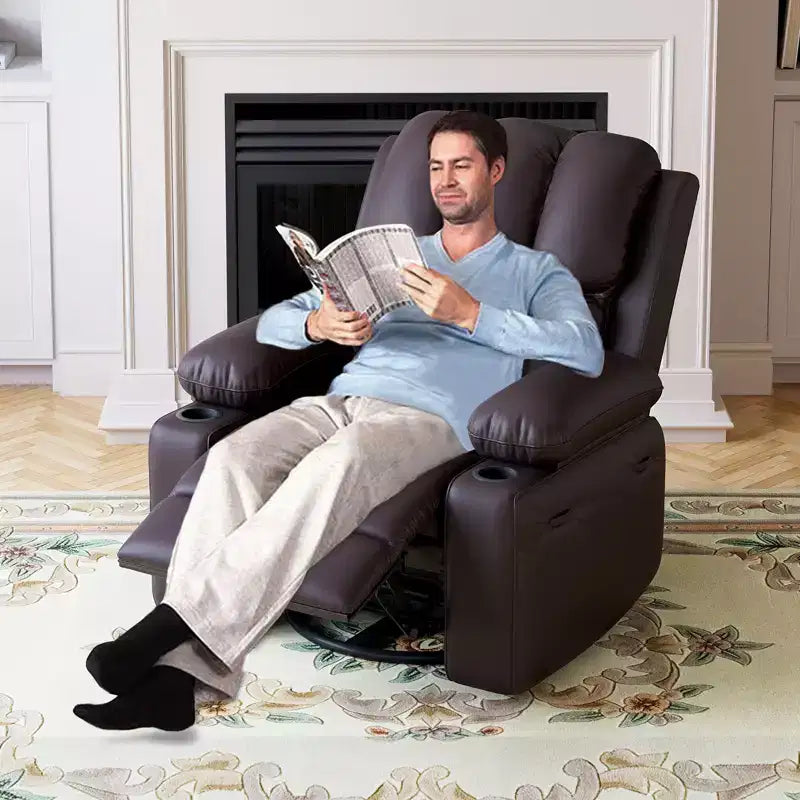 Fauteuil inclinable pivotant à bascule de 56 cm, inclinable paresseux en cuir PU avec éponge 1,5X, porte-gobelet et poches latérales, pivotant à 360° pour salon, chambre à coucher, chambre d'enfant