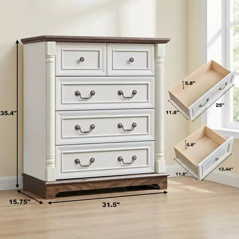 JVNOXK Commode à cinq tiroirs en bois de style rustique de 31 pouces avec base, armoire de rangement pour chambre ou salon, élégante, robuste, durable, noyer