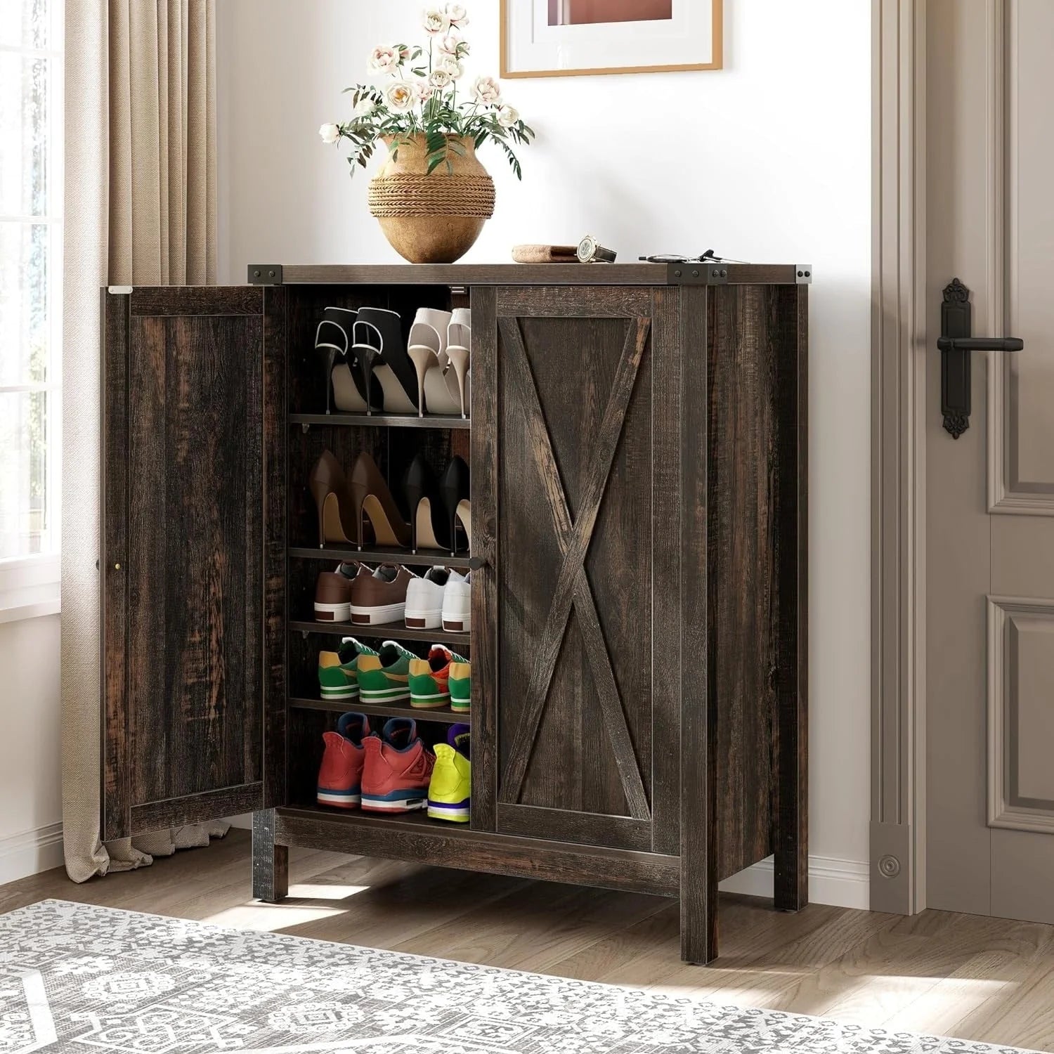 Meuble de rangement pour chaussures Moasis à 5 niveaux et 20 paires avec portes doubles pour entrée