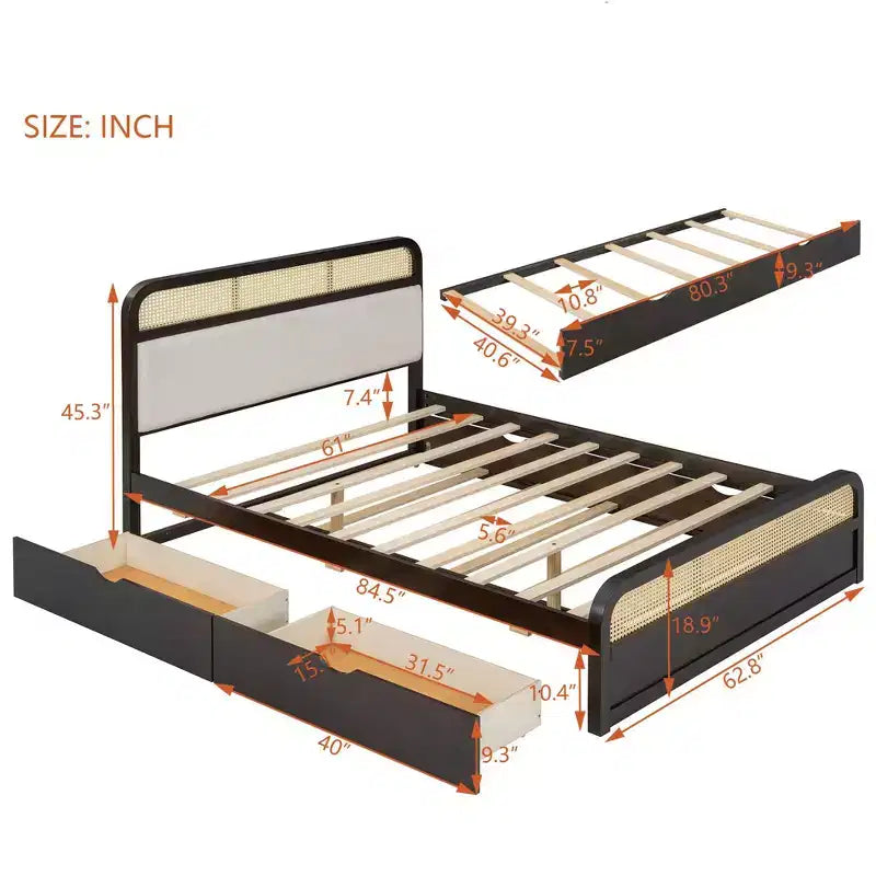Lit plateforme en bois Whisen, format grand lit, avec lit gigogne et 2 tiroirs
