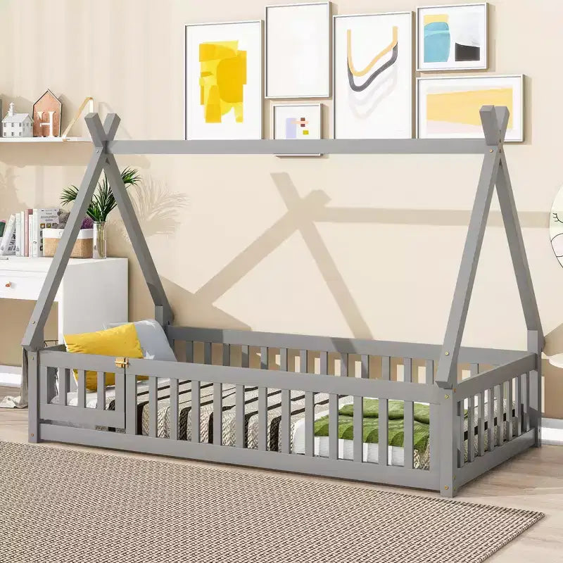 Okak Lit au sol simple/double avec toit amovible en forme de tente et rails de sécurité à 360° pour les tout-petits de 2 à 6 ans, lit pour enfants facile à monter, chambre d'enfant