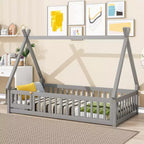 Okak Lit au sol simple/double avec toit amovible en forme de tente et rails de sécurité à 360° pour les tout-petits de 2 à 6 ans, lit pour enfants facile à monter, chambre d'enfant