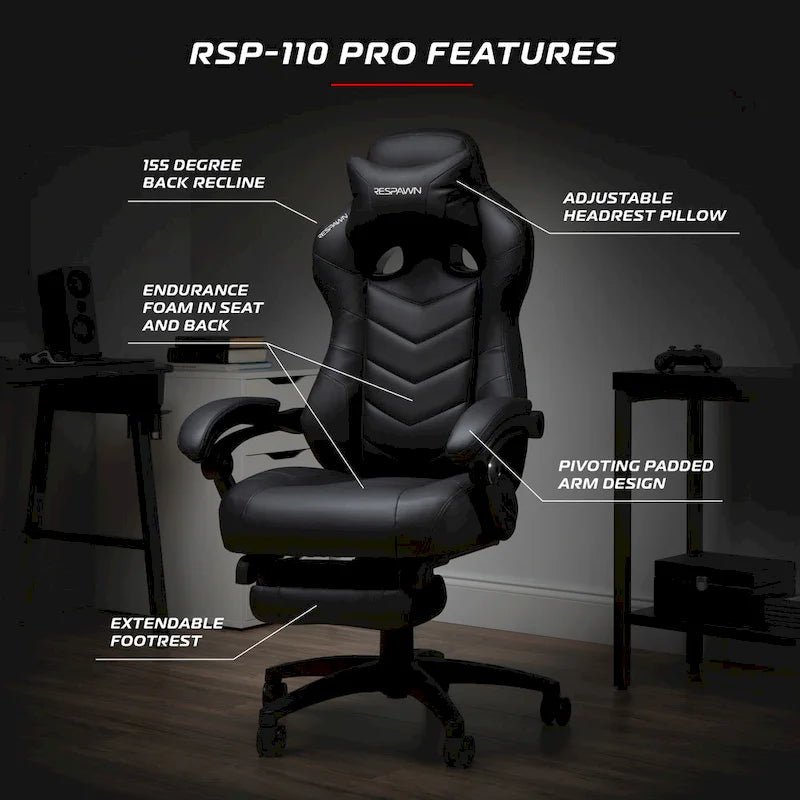 Chaise de jeu RESPAWN 110 Pro - Chaise de jeu avec repose-pieds, chaise de bureau ergonomique