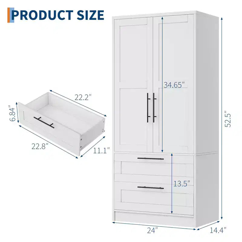 Armoire en bois 2 portes avec 2 tiroirs et étagère pour suspendre les vêtements, placard de rangement autonome pour chambre à coucher et salon