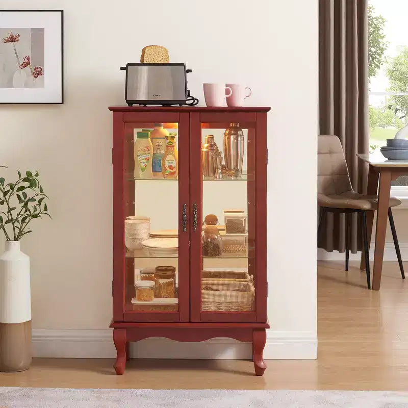 Vitrine à 2 portes avec portes en verre trempé, panneau arrière miroir, étagères réglables et éclairage pour le bureau à domicile