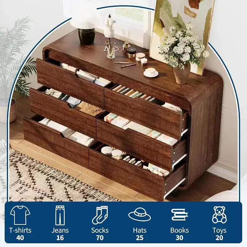 Commode à 6 tiroirs GustoWave, commode en bois avec pieds en métal et kit anti-basculement, meuble de rangement à coins arrondis pour chambre ou salon