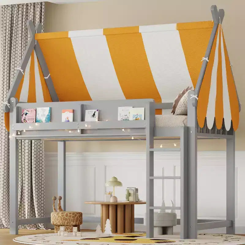 Lit mezzanine double pour enfants avec auvent, lumières LED et étagère - ModernLuxe