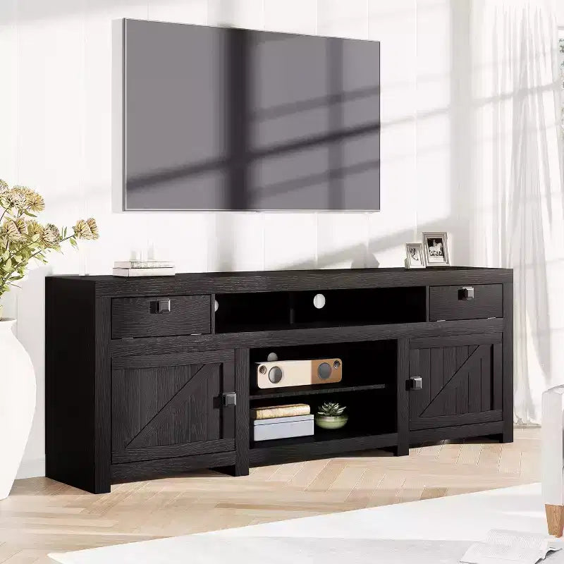 Meuble TV de Ferme pour Téléviseur Jusqu'à 80 Pouces, Long Meuble Télé avec 4 Tiroirs de Rangement et 3 Étagères Ouvertes pour Salon, Chambre - Noir