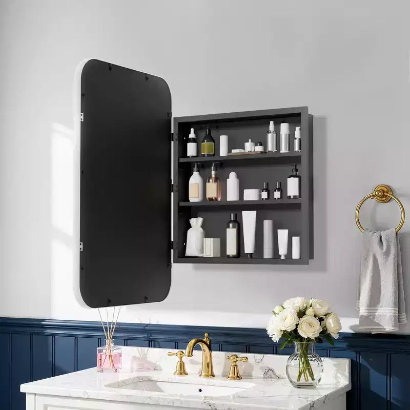 Armoire à pharmacie murale rectangulaire arrondie en fer forgé blanc de 19,5 x 29,64 pouces avec miroir pour salle de bain