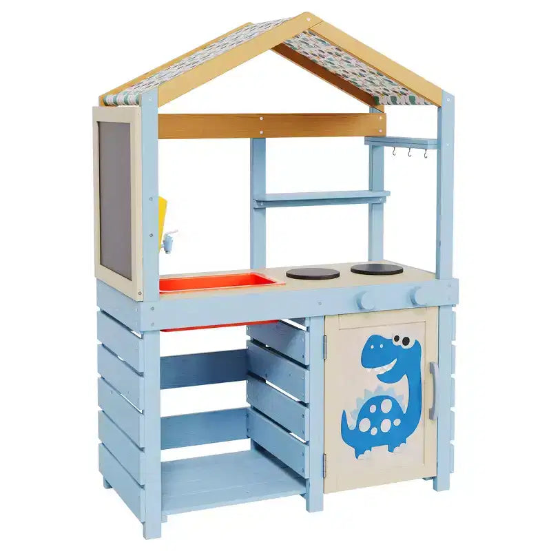 Cuisine en bois d'extérieur pour enfants, avec auvent, robinet, évier, tableau noir, crochets de suspension, cadeau pour garçons et filles de 3 ans et plus