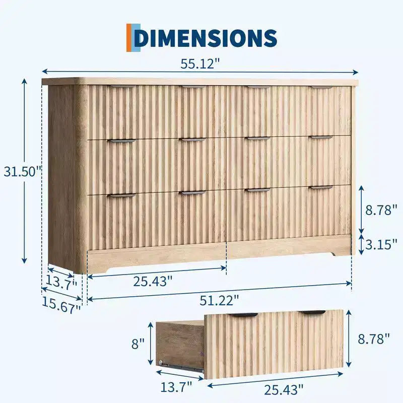 Commode 6 tiroirs cannelée, commode moderne en bois avec plateau en bois, armoire de rangement robuste pour vêtements de chambre à coucher