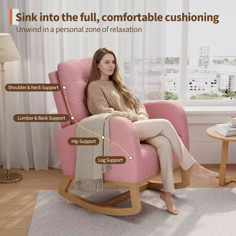 Fauteuil à bascule pour chambre de bébé avec repose-pieds réglable, fauteuil à bascule planant à dossier haut en lin avec pieds en bois pour salon, chambre à coucher et chambre de bébé