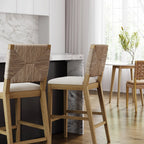 Tabouret de bar Beacon Bohemian Boucle, Chaise de comptoir rembourrée avec structure en bois massif et dossier en jonc de mer tressé