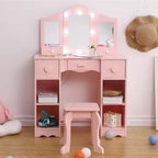 Table de toilette 2-en-1, ensemble table et chaise de coiffeuse pour enfants, coiffeuse en bois pour princesse, table de maquillage de jeu de rôle pour princesse