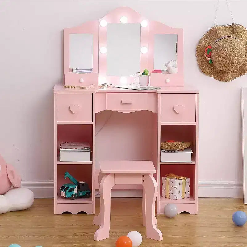 Table de toilette 2-en-1, ensemble table et chaise de coiffeuse pour enfants, coiffeuse en bois pour princesse, table de maquillage de jeu de rôle pour princesse