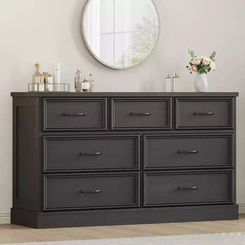 Commode de Ferme à 7 Tiroirs, 140 cm de Large, Rangement à 7 Tiroirs avec Base Robuste, Meuble TV en Bois Blanc pour Chambre, Salon, Chambre d'Enfant