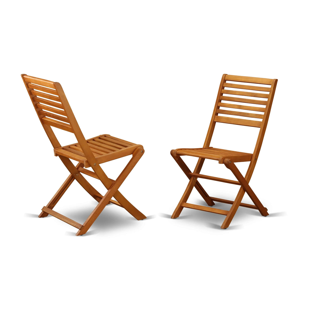 East West Furniture Ensemble Bistro de conversation d'extérieur comprenant une table basse ronde en bois et 2 chaises pliantes, Huile naturelle