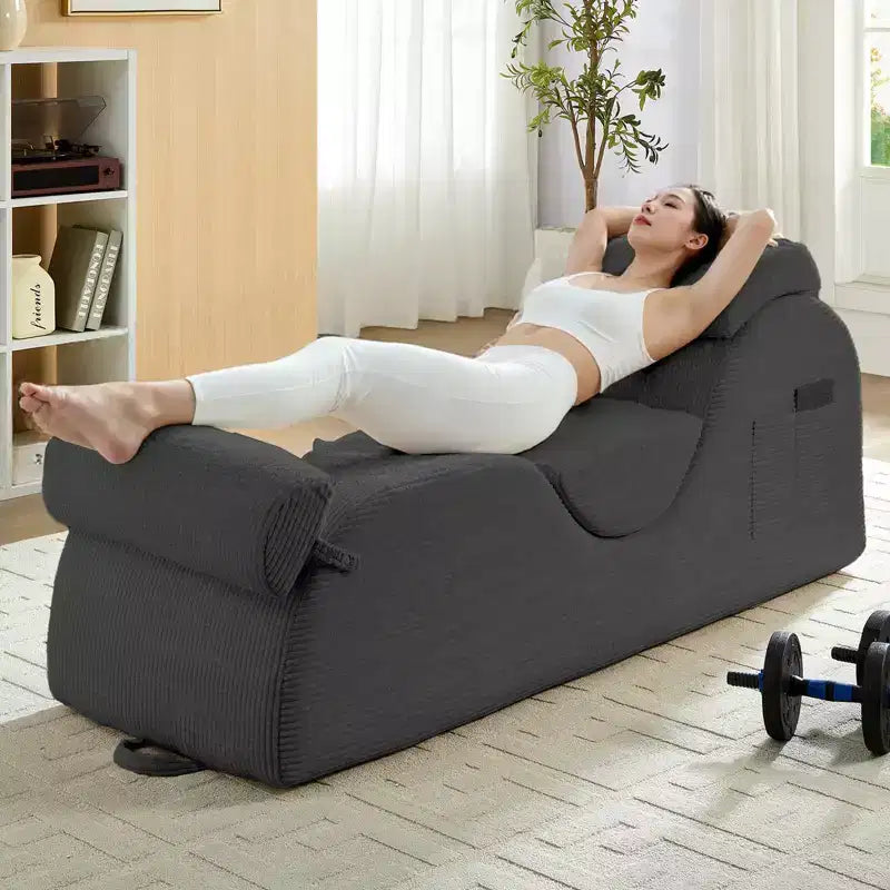 Mjkone Chaise Longue de Yoga en Velours Côtelé, Canapé de Yoga Incurvé avec Appui-Tête/Coussin Lombaire/Repose-Pieds Amovibles, Base Antidérapante