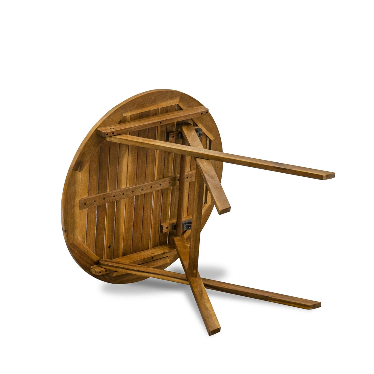East West Furniture Ensemble Bistro de conversation d'extérieur comprenant une table basse ronde en bois et 2 chaises pliantes, Huile naturelle