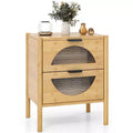 Table de chevet en bambou avec 2 tiroirs de rangement et façades en verre trempé cannelé pour chambre à coucher (1 ou 2 pièces)
