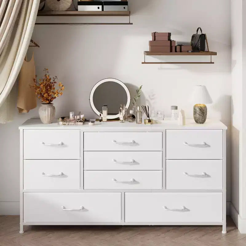 Commode de rangement moderne blanche à 9 tiroirs, dessus en bois, organisateur en tissu, grand meuble de chambre à coucher, entrée, console TV de 45 pouces
