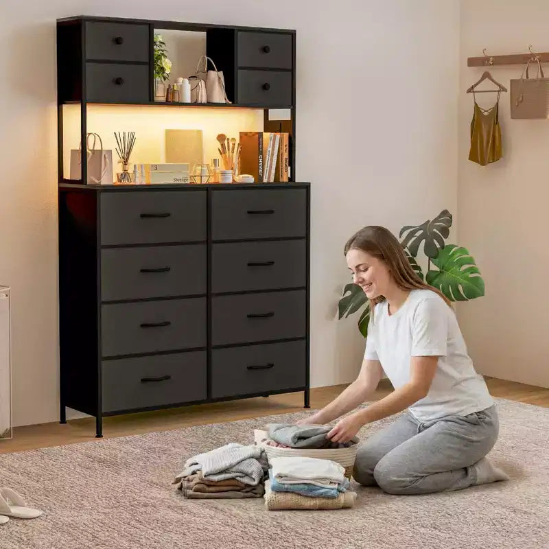 Commode de chambre, commode en tissu à 12 tiroirs, étagères ouvertes, plateau en bois et cadre en métal pour chambre à coucher, couloir ou salon