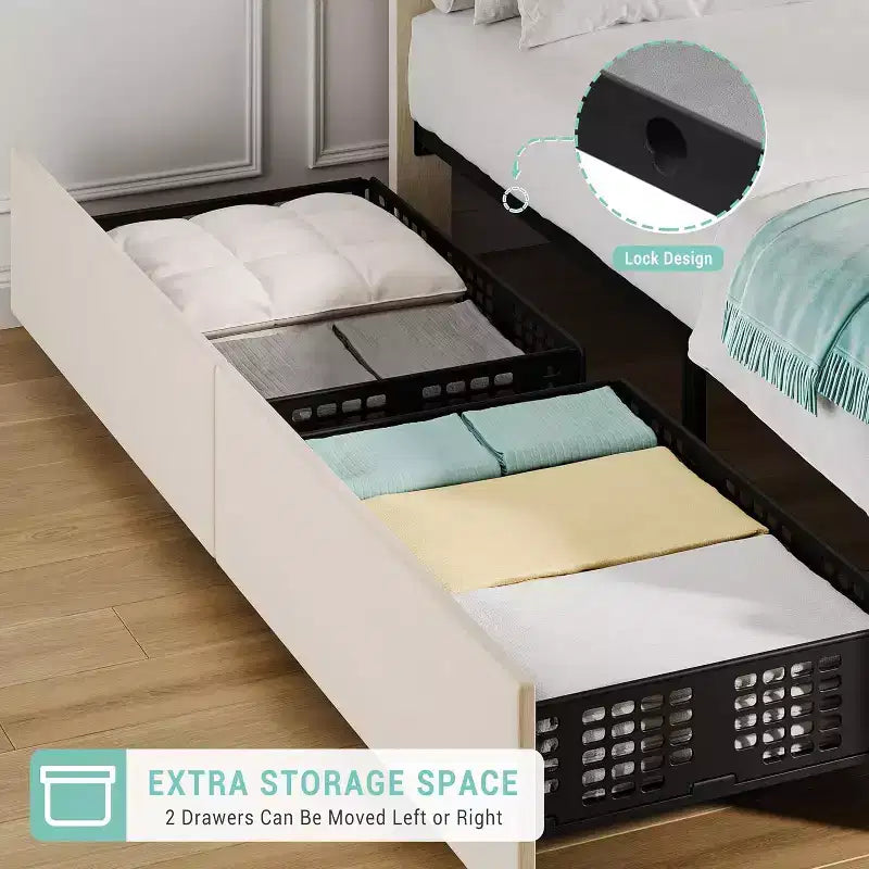 Lit Queen Size avec tête de lit réglable et 4 tiroirs de rangement, cadre de lit plateforme rembourré doux avec support à lattes en bois