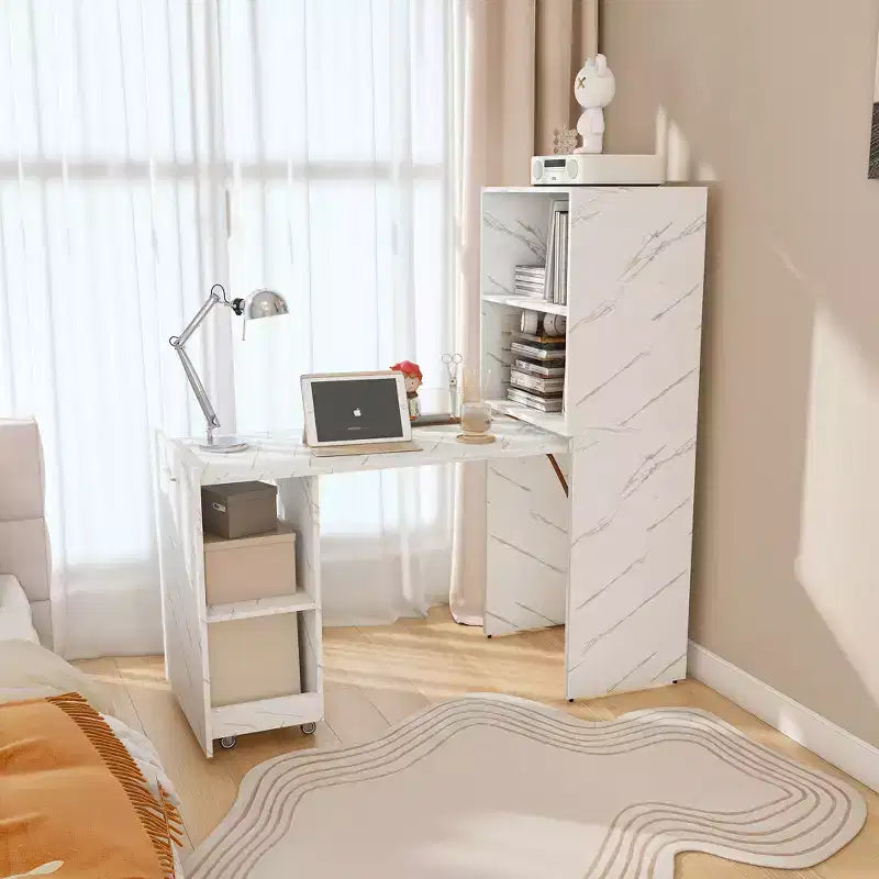 Bureau extensible avec rangements et roulettes, bureau pliable pour petits espaces, marbre blanc