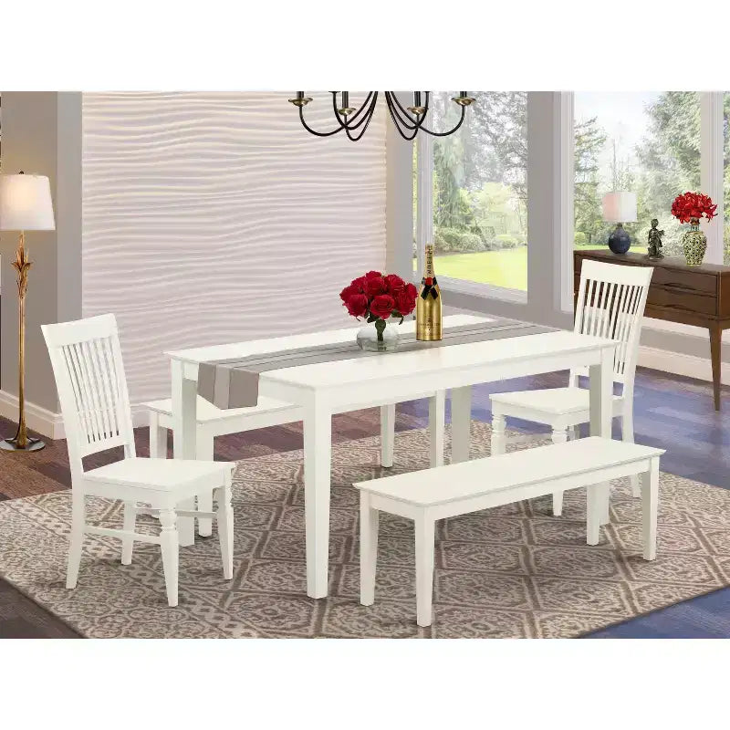 HomeStock Belmont Ensemble repas 5 pièces pour 6 - Table de salle à manger, 2 chaises et 2 bancs en lin blanc