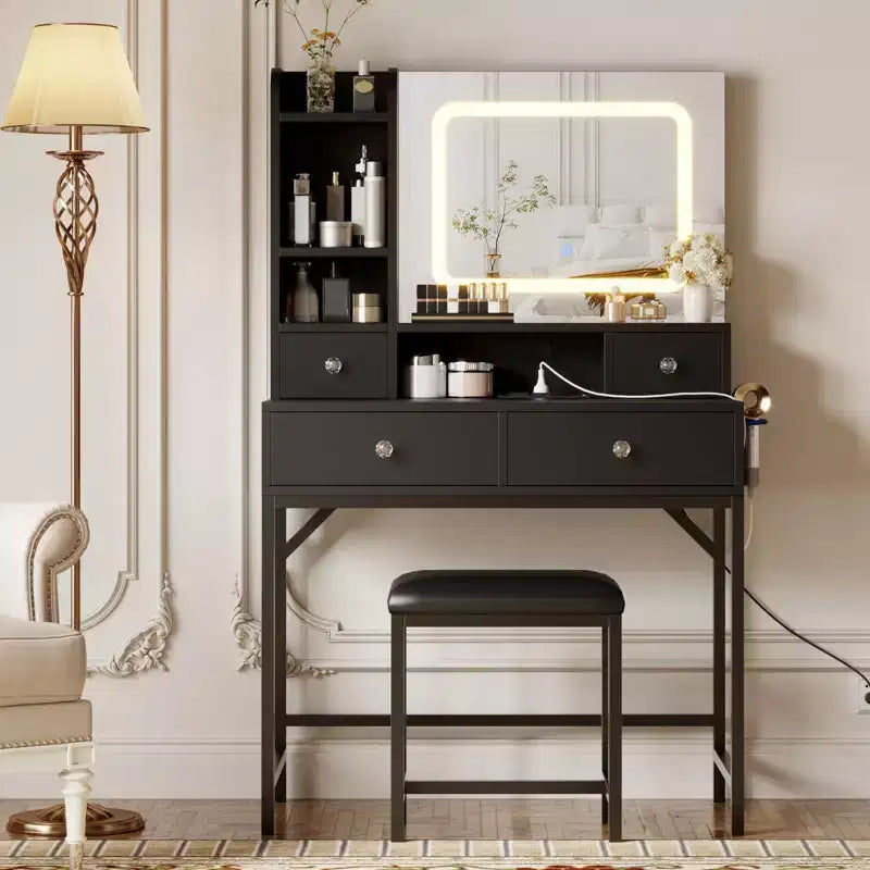 Coiffeuse avec miroir, coiffeuse de maquillage à 3 modes d'éclairage réglables, table de toilette et tabouret modernes avec station de charge