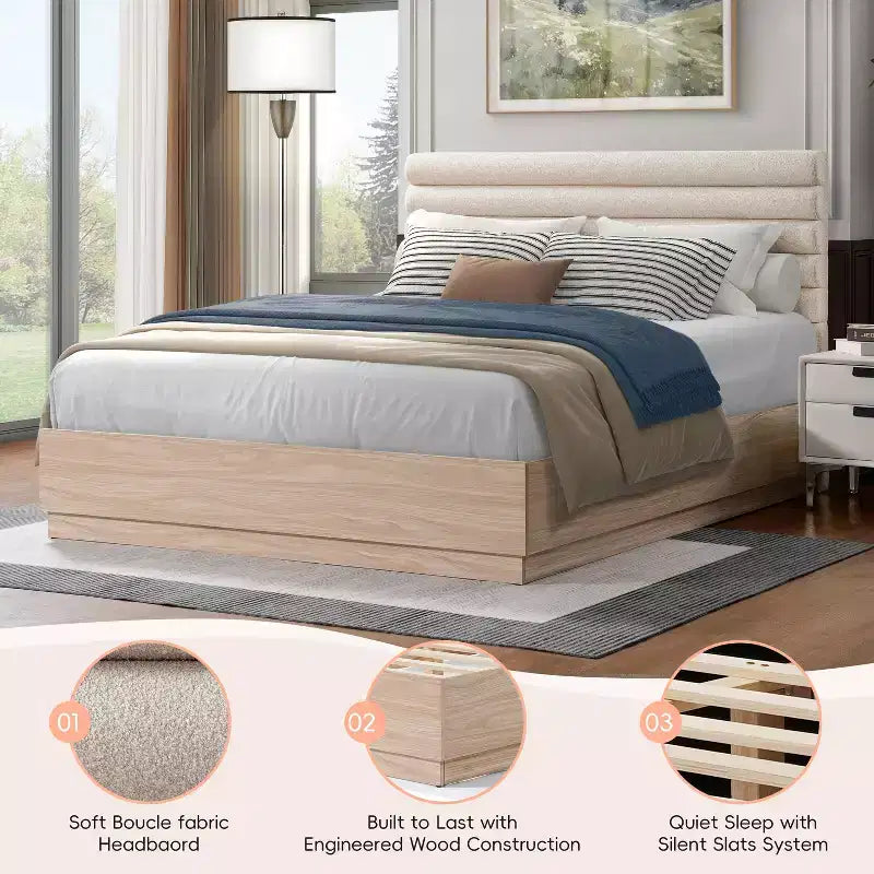 Cadre de lit contemporain Anatoli en bois avec tête de lit capitonnée en bouclette taupe Christopher Knight Home