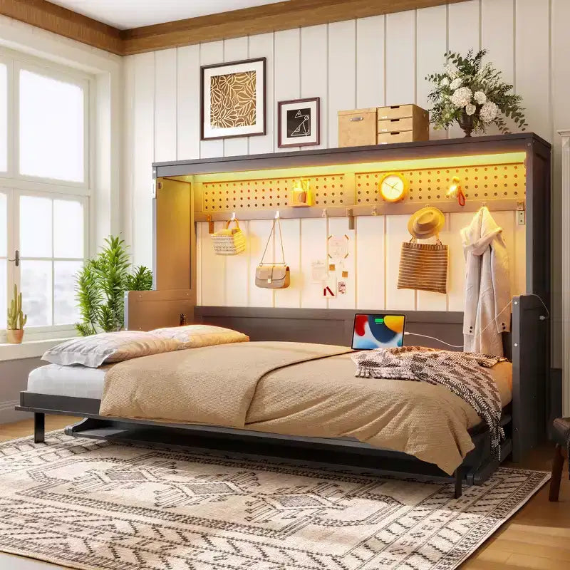 Lit escamotable Dalton en bois GDFStudio avec bureau intégré et station de charge USB