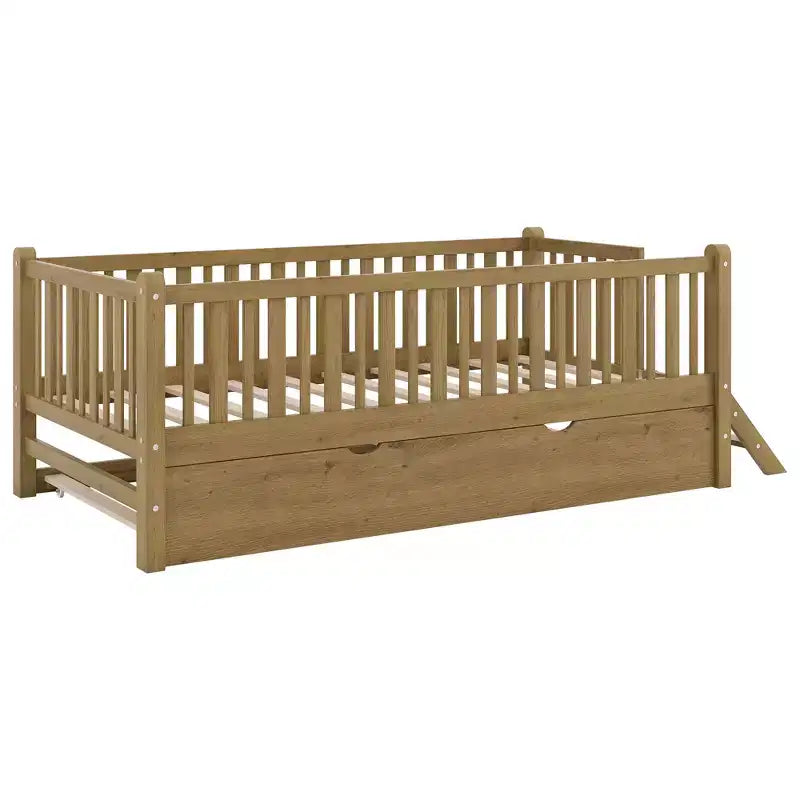 Cadre de lit double avec lit gigogne et garde-corps, lit plateforme bas avec escalier pour garçons et filles