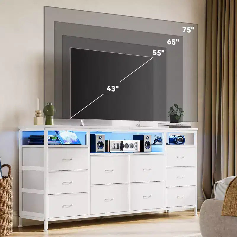 Commode noire de 160 cm pour chambre à coucher, commode à 10 tiroirs, meuble TV pour téléviseur de 65, 70, 75 pouces, commode en tissu avec lumières LED et prises de courant