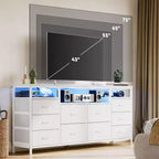 Commode noire de 160 cm pour chambre à coucher, commode à 10 tiroirs, meuble TV pour téléviseur de 65, 70, 75 pouces, commode en tissu avec lumières LED et prises de courant