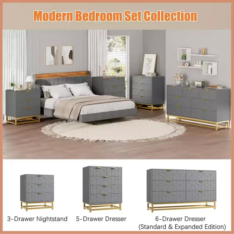 Commode pour chambre à coucher, commode de 136 cm de large avec 7 tiroirs, poignées et pieds en métal doré, commode moderne pour placard, couloir