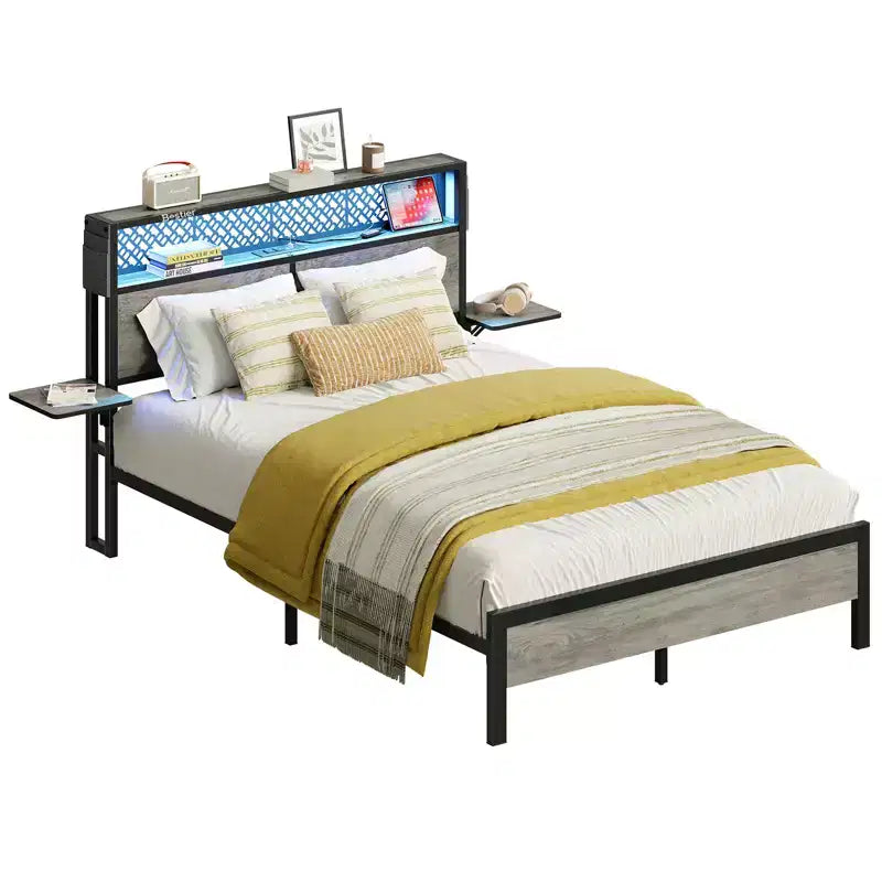 Cadre de lit Bestier Queen/Full en tissu, plateforme de lit LED, tête de lit de rangement avec étagères pliantes et station de charge