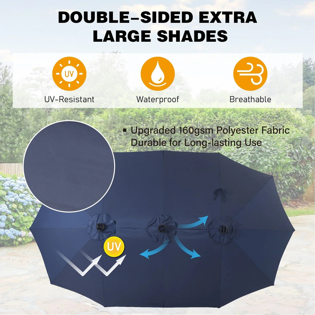 Parasol de marché extérieur rectangulaire de 4,5 m avec manivelle, double face, lumières LED solaires et base incluse