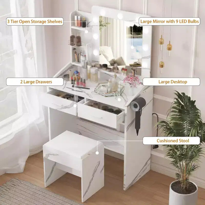 Coiffeuse de Maquillage avec Lumières, Bureau de Maquillage avec Miroir et Lumières, Grand Tiroir et Armoire de Rangement à Deux Étages, 3 Modes d'Éclairage