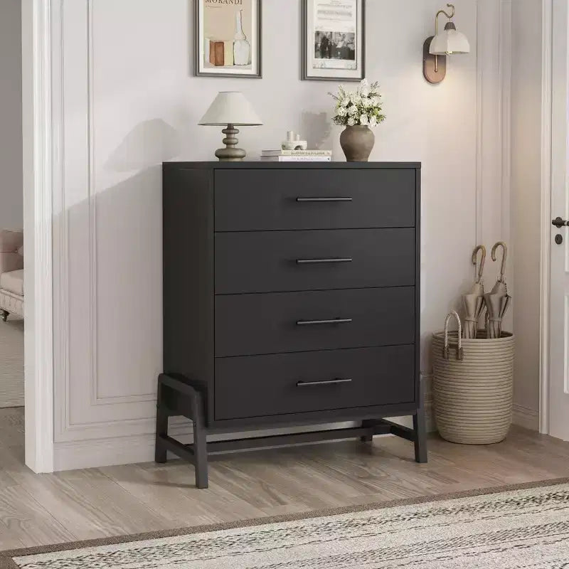Commode en bois à 4 tiroirs - Meuble de rangement moderne avec poignées métalliques pour chambre, salon, couloir ou entrée