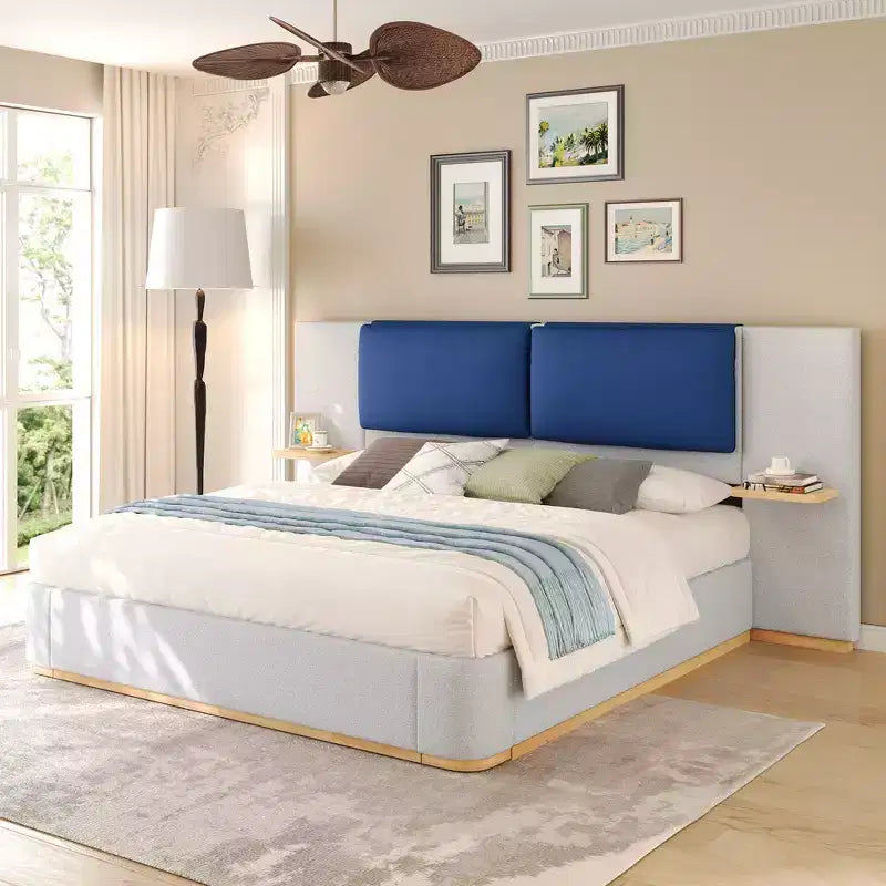 Cadre de lit plateforme capitonné Whisen King Size avec étagères de rangement latérales, tête de lit et panneau en PU doux, anti-collision, assemblage facile